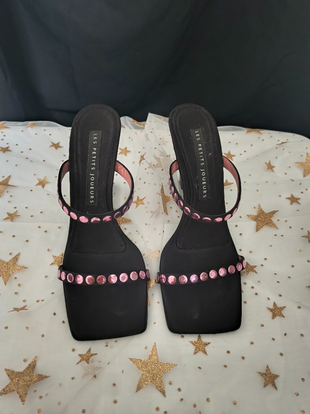 LES PETITS JOUEURS Italian Black Satin Pink Crystal Cutout Wedge Mules - 39